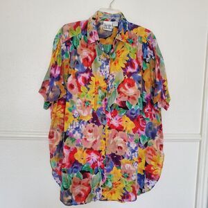 Jacque & Koko Women's Multi-Color Floral Cotton Gauze Button Up Shirt Top Size